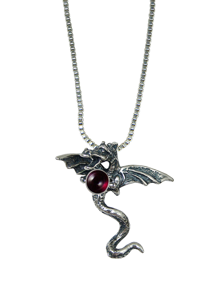 Sterling Silver 3D Dragon Pendant With Garnet